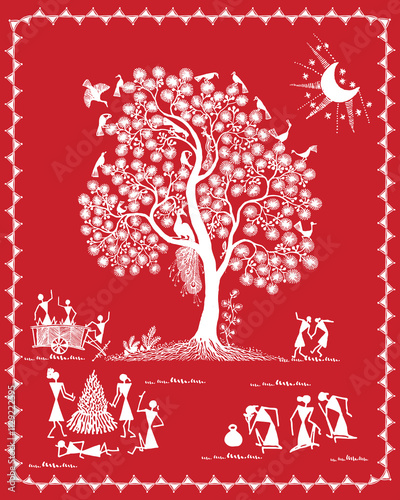 Circle of Life: A Peaceful Warli Scene. Warli art rural life, Warli village scene, Indian folk art rural, Warli countryside painting