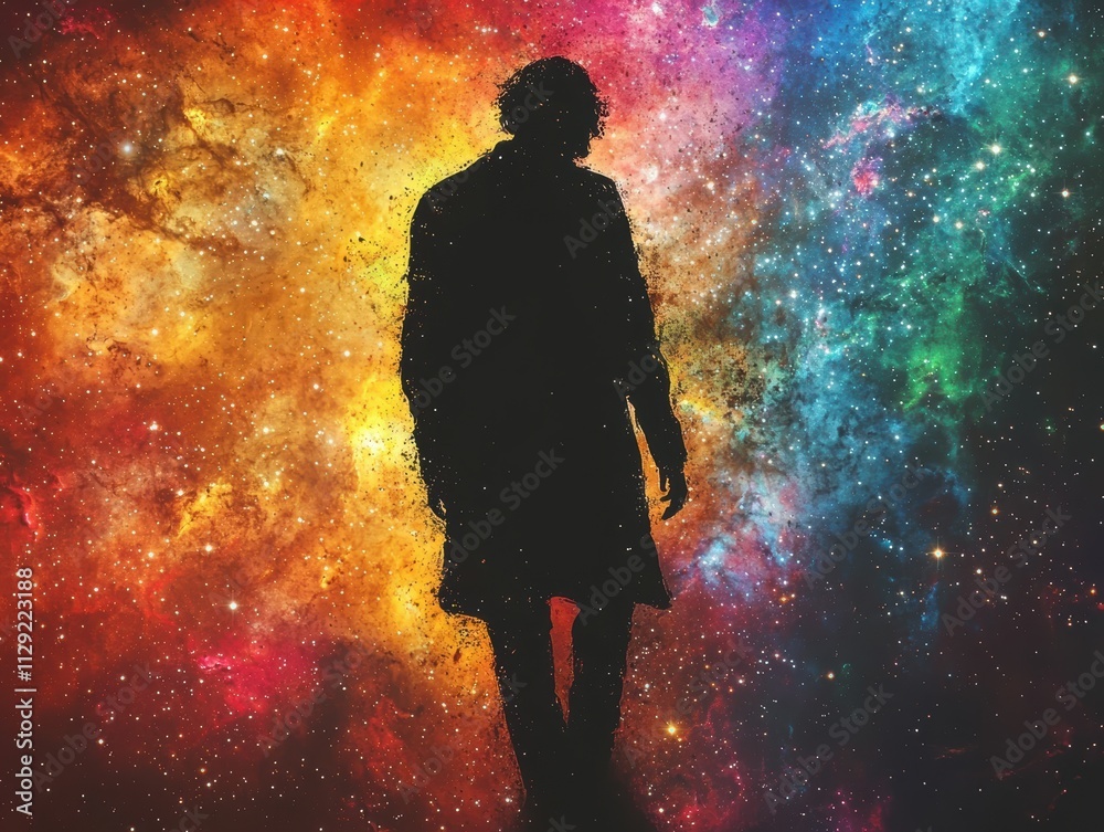 Mystical shadow of a man against a cosmic background surreal art digital illustration vibrant colors profile view human existence Mystical shadow of a man against a cosmic background surreal art digital illustration vibrant colors profile view human existence