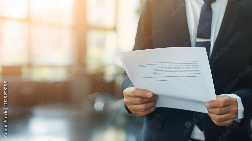 Senior executive in suit holding document symbolizing business merger, focused and determined in modern office setting with copy space for text or design. Senior executive in suit holding document symbolizing business merger, focused and determined in modern office setting with copy space for text or design.