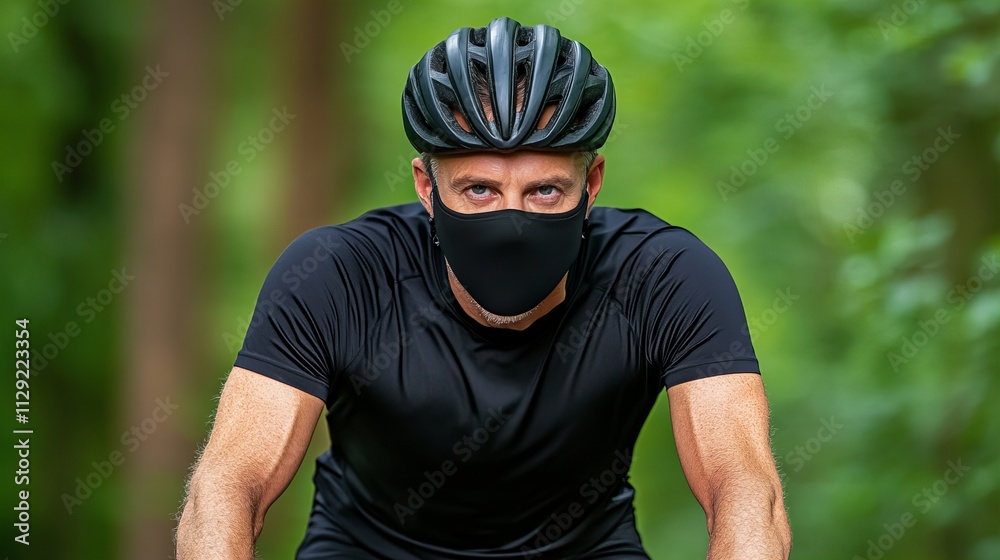 A determined male cyclist wearing a black helmet and mask, ready to ride through a lush green forest. A determined male cyclist wearing a black helmet and mask, ready to ride through a lush green forest.