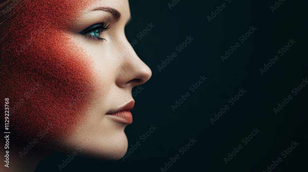 Fototapeta premium Red Dust Woman Profile Beauty Face Makeup Cosmetics Portrait