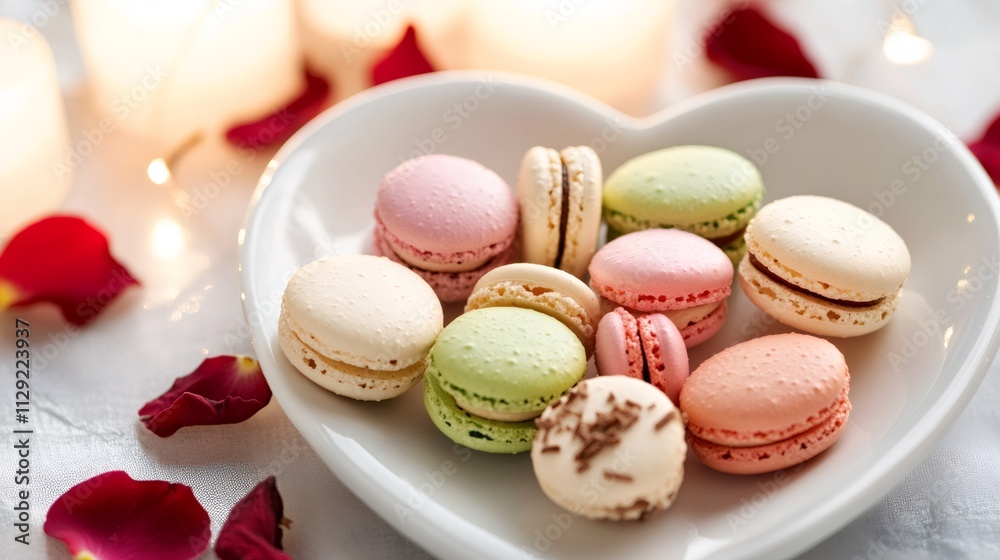 romantic dessert display, heart-shaped plate with macarons, rose petals, and candlelight the ideal valentines day setting romantic dessert display, heart-shaped plate with macarons, rose petals, and candlelight the ideal valentines day setting