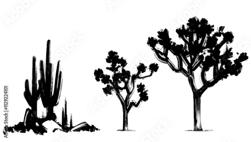Black and white cacti and Joshua trees. Vector