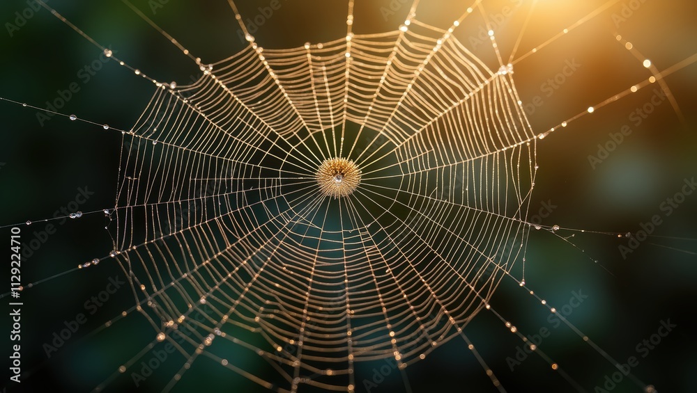 Dew-Covered Spiderweb in Morning Sunlight Dew-Covered Spiderweb in Morning Sunlight