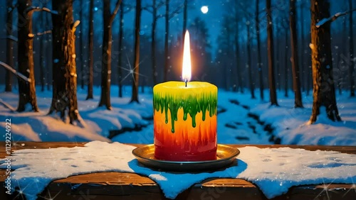 Vibrant candle with colorful wax drips in a snowy forest seamless looping 4k time-lapse animation video background