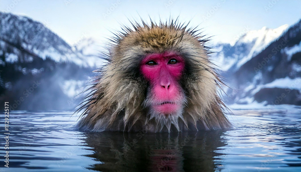 Obraz premium A serene Japanese macaque soaking in a steaming natural hot spring amidst a snowy mountain
