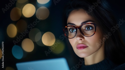 Woman with Glasses Using Tablet at Night Bokeh Lights