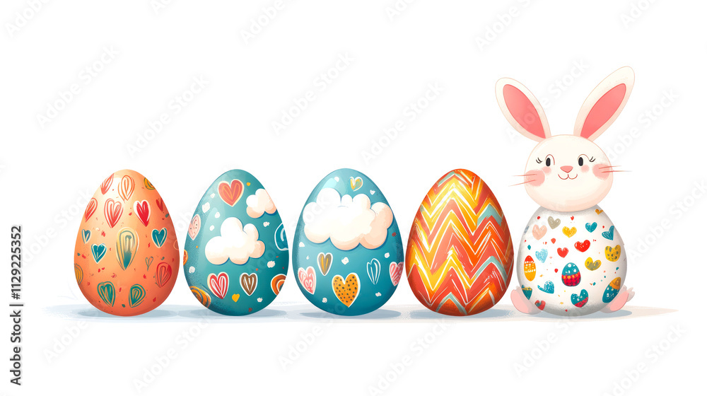 A cheerful bunny stands next to a row of creatively decorated Easter eggs, capturing the playful spirit of the holiday. Vibrant colors and patterns evoke joy A cheerful bunny stands next to a row of creatively decorated Easter eggs, capturing the playful spirit of the holiday. Vibrant colors and patterns evoke joy