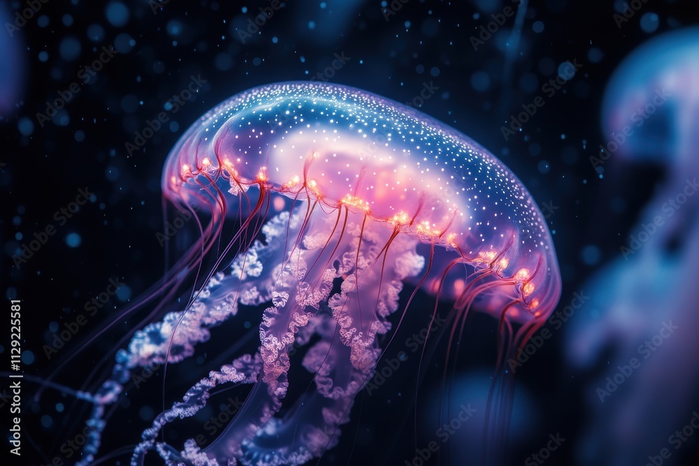 Naklejka premium High detailed macro jellyfish in pink blue neon colours in deep waters background