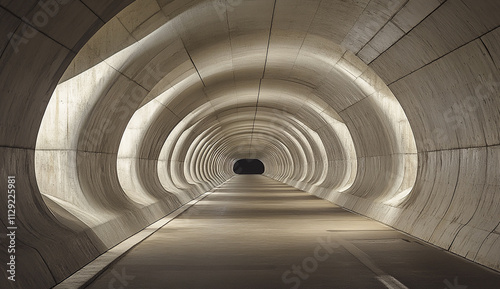 A long, concrete tunnel with symmetrical shapes and curves