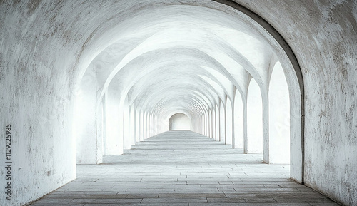 A long, concrete tunnel with symmetrical shapes and curves