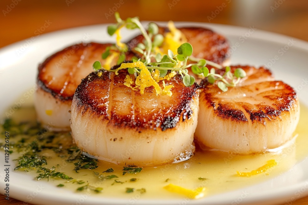 Grilled scallops garnished with herbs and citrus on a white plate. Grilled scallops garnished with herbs and citrus on a white plate.