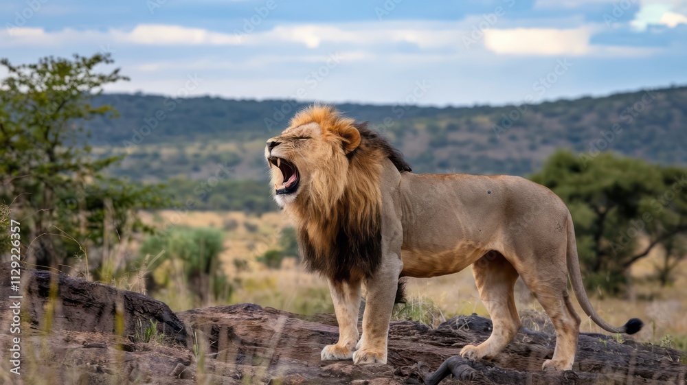 portrait of a lion animal theme in nature and sunset meaning leadership and power
