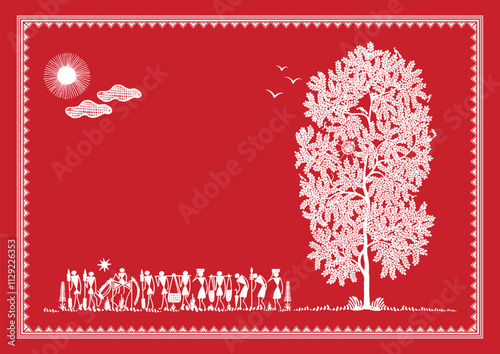 The Soul of the Village: A Warli Expression. Warli art rural life, Warli village scene, Indian folk art rural, Warli countryside painting.