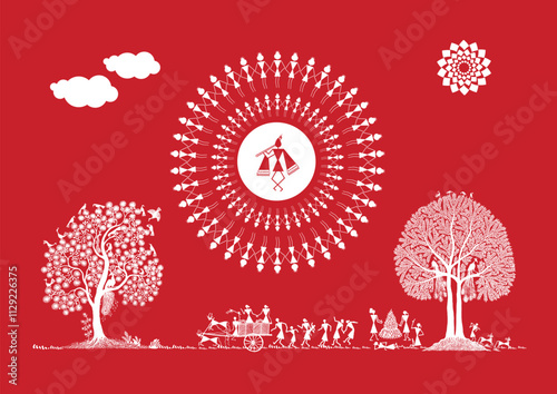 The Soul of the Village: A Warli Expression. Warli art rural life, Warli village scene, Indian folk art rural, Warli countryside painting.