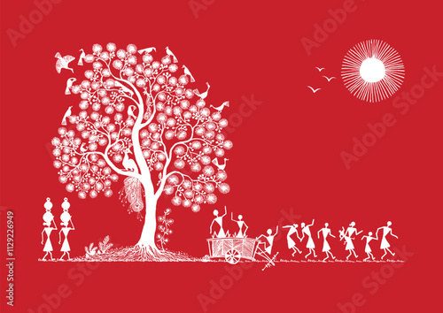 Lines of Life: A Warli Tapestry of Rural Existence. Warli art rural life, Warli village scene, Indian folk art rural, Warli countryside painting.