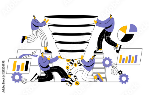 Marketing department builds a working sales funnel from which money flows. Vector illustration on the topic of promotion and sales in social networks. Funny doodle style.