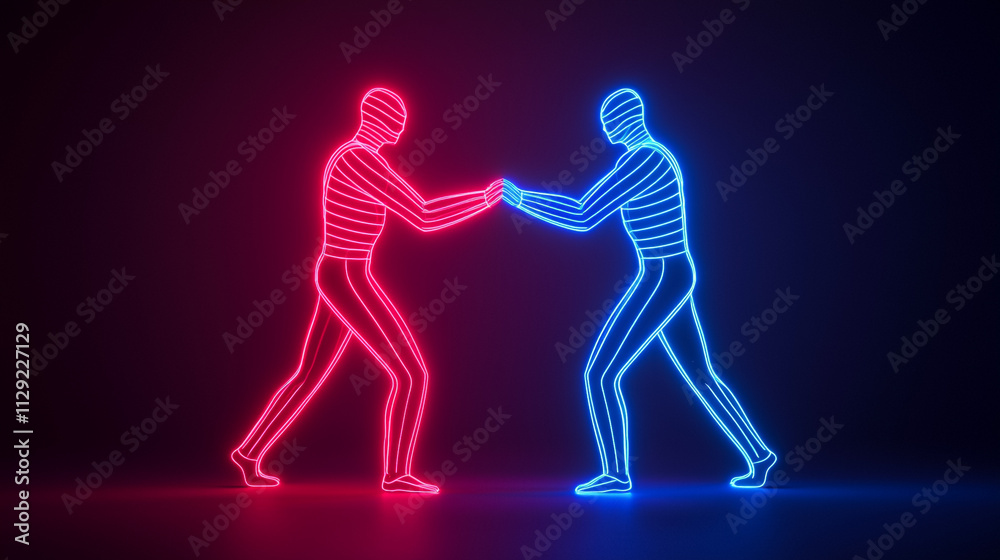 Neon outlines of two figures wrestling in a dark space Neon outlines of two figures wrestling in a dark space