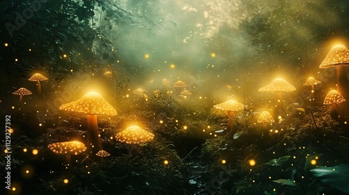 Digital Photography Backdrop. A mystical enchanted forest with glowing mushrooms. and fog. 