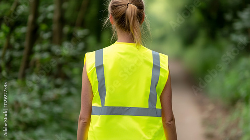 Person wearing hi-vis vest walking on a forest path.