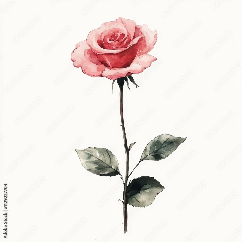 Fototapeta premium A beautiful pink rose flower with delicate petals and green leaves, isolated on a white background, perfect for floral arrangements and designs.