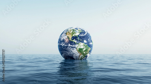 Planet Earth floating on a calm ocean under a clear sky.