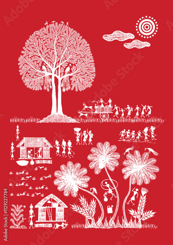 A Day in the Village: A Warli Tapestry, Warli art rural life, Warli village scene, Indian folk art rural, Warli countryside painting.