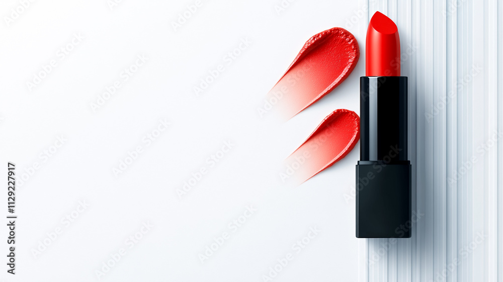 Red lipstick with brush strokes on minimalist white background. Red lipstick with brush strokes on minimalist white background.