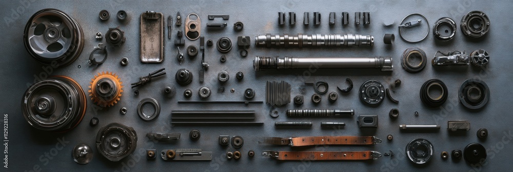 Car engine components such as pistons, gears, belts, and valves are arranged neatly for examination, showcasing intricate details and mechanisms. Generative AI Car engine components such as pistons, gears, belts, and valves are arranged neatly for examination, showcasing intricate details and mechanisms. Generative AI
