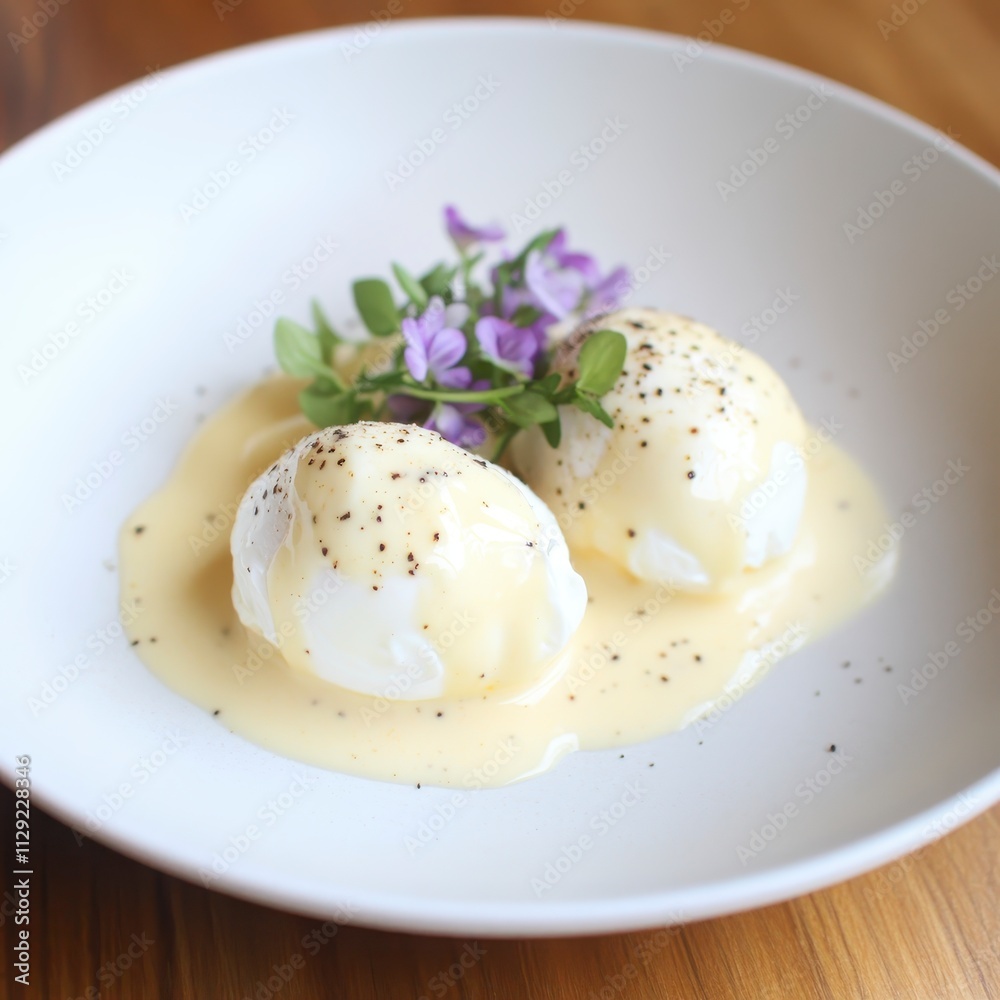 Gourmet Poached Eggs Hollandaise Sauce Garnish Food Photography