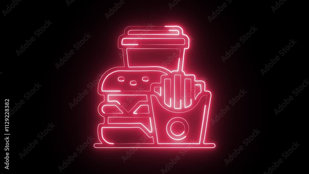 glowing neon burger icon isolated on black background. HD video motion graphic animation glowing neon burger icon isolated on black background. HD video motion graphic animation