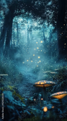 Digital Photography Backdrop. A mystical enchanted forest with glowing mushrooms. and fog. 