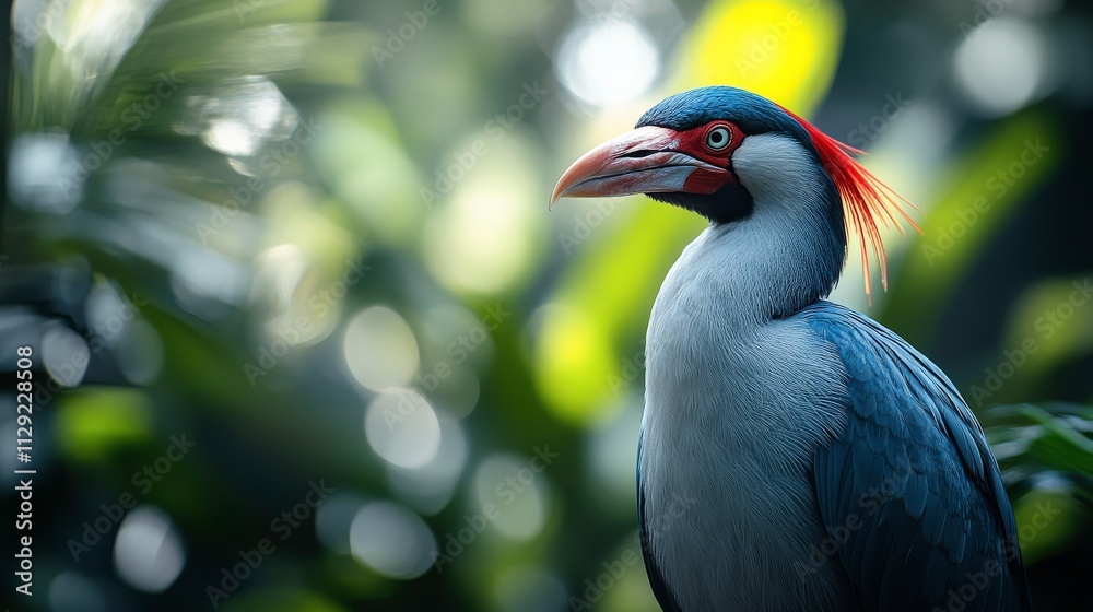 Fototapeta premium Vibrant Tropical Bird with Colorful Beak and Striking Crest Posing Amidst Lush Greenery and Soft Bokeh Background in an Exotic Environment