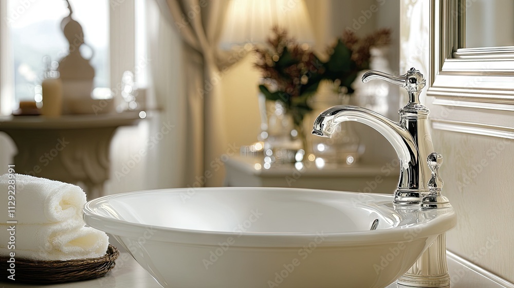 Fototapeta premium Elegant White Sink with Modern Faucet in Bright Setting