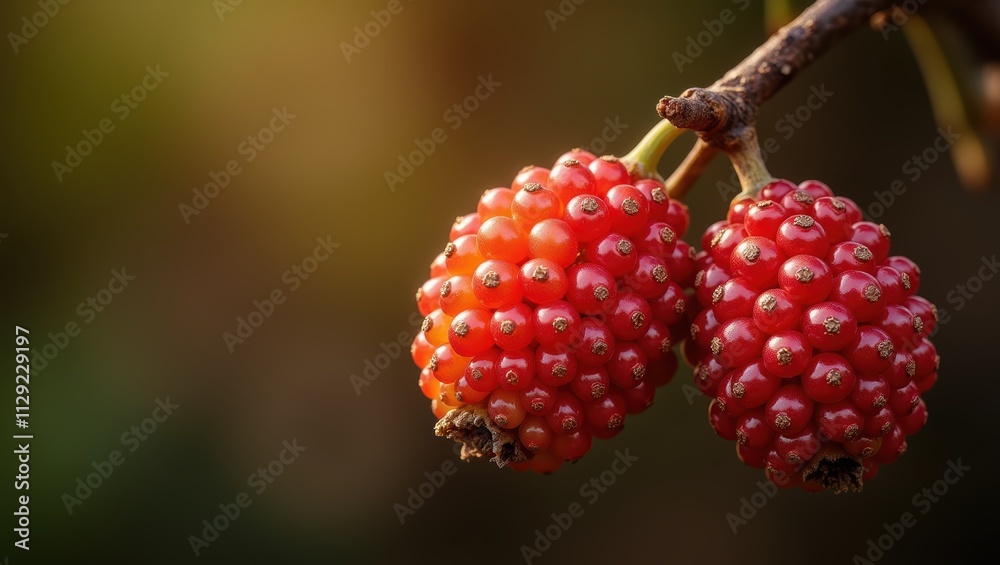 Close-up of Two Ripe Red Aggregate Fruits on a Branch Close-up of Two Ripe Red Aggregate Fruits on a Branch