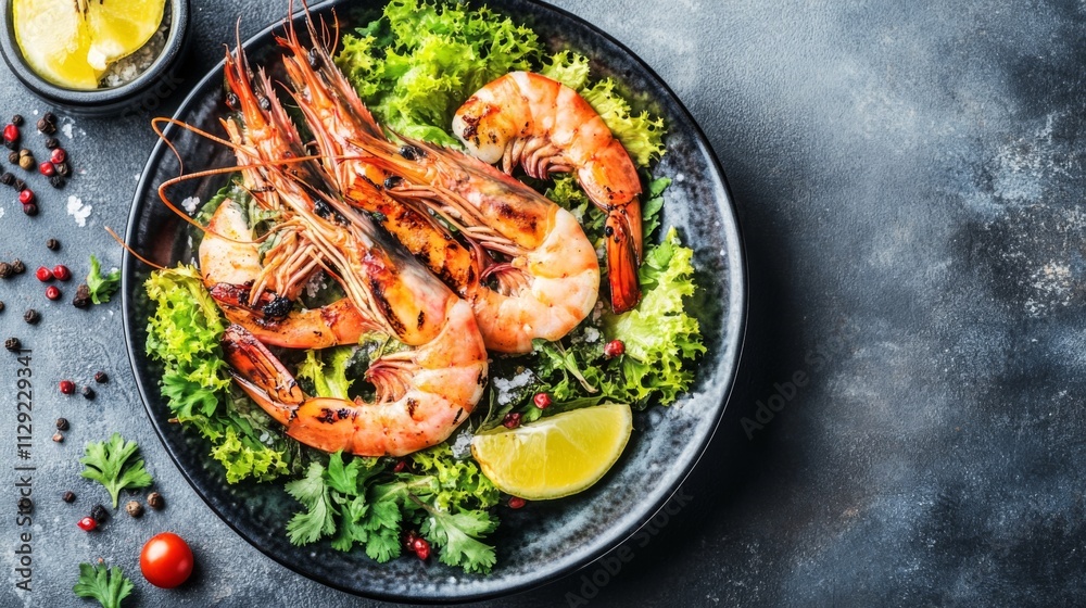 Grilled Shrimp Served with Fresh Greens and Citrus Lime Garnish Grilled Shrimp Served with Fresh Greens and Citrus Lime Garnish