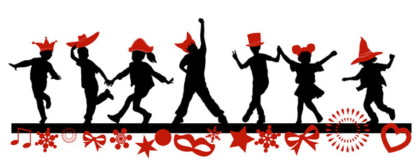 Keuken achterwand Carnaval Silhouetten van dansende kinderen met carnavalsattributen  © Евгений Горячев