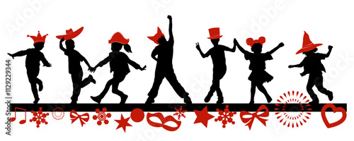 Children dancing silhouettes with christmas and carnival items on white background. Vector illustration.