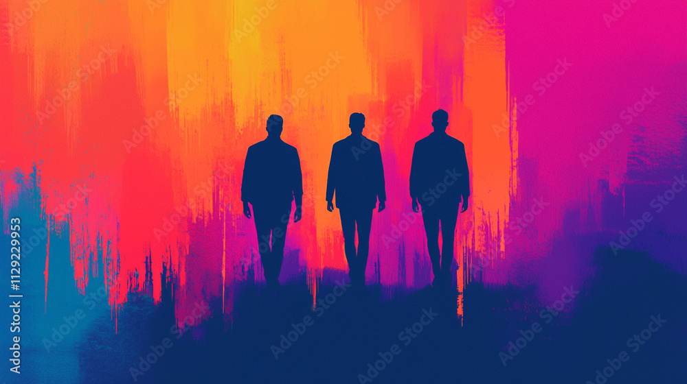 Fototapeta premium Three silhouettes against vibrant abstract background.
