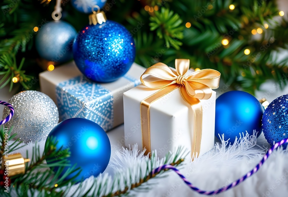 Festive Christmas Gift Box with Blue Ornaments Lights Festive Christmas Gift Box with Blue Ornaments Lights