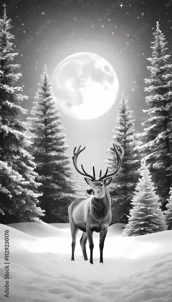 A cheerful reindeer stands in a snowy forest under glowing stars, creating a magical holiday scene A cheerful reindeer stands in a snowy forest under glowing stars, creating a magical holiday scene