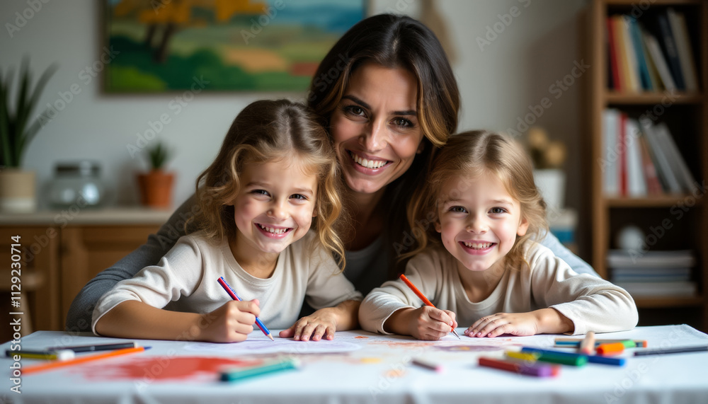 A mother with two little daughters is engaged in drawing A mother with two little daughters is engaged in drawing