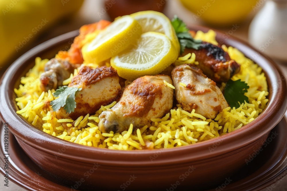 Delicious chicken and saffron rice dish in a rustic bowl, garnished with lemon slices and cilantro. Delicious chicken and saffron rice dish in a rustic bowl, garnished with lemon slices and cilantro.