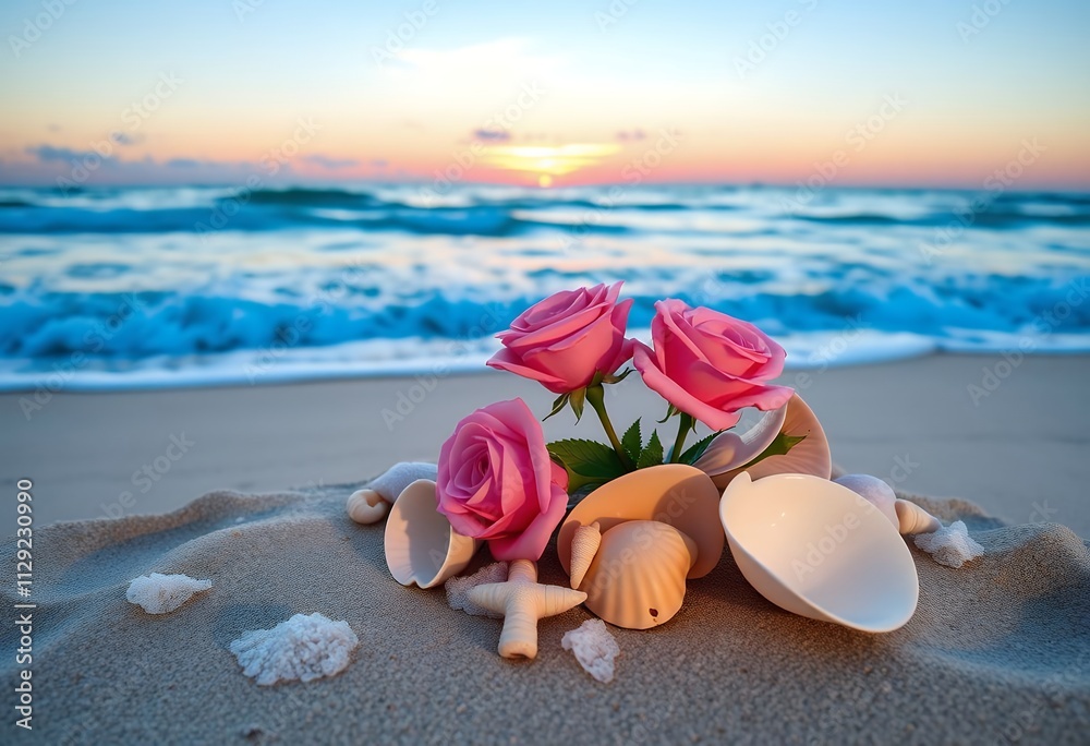 Romantic Beach Sunset Pink Roses Seashells Ocean View Romantic Beach Sunset Pink Roses Seashells Ocean View