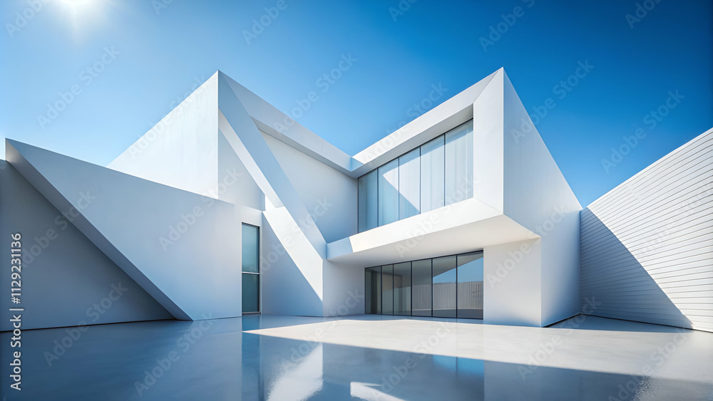 Modern architectural design featuring geometric shapes and large glass windows against a clear blue sky. Modern architectural design featuring geometric shapes and large glass windows against a clear blue sky.