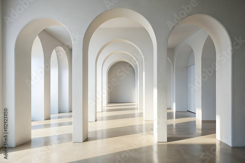 A minimalist interior featuring multiple arches casting soft shadows in a bright  serene space.
