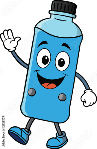 Happy Hydration: A cheerful water bottle cartoon character waves hello with a friendly smile.