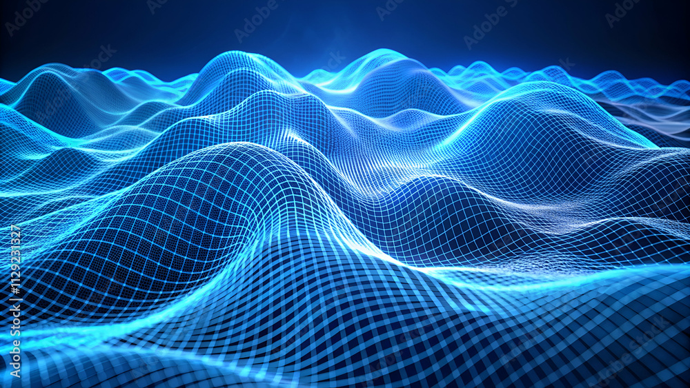 A digital landscape of glowing blue waves and a mesh grid, creating a futuristic and high-tech atmosphere. A digital landscape of glowing blue waves and a mesh grid, creating a futuristic and high-tech atmosphere.