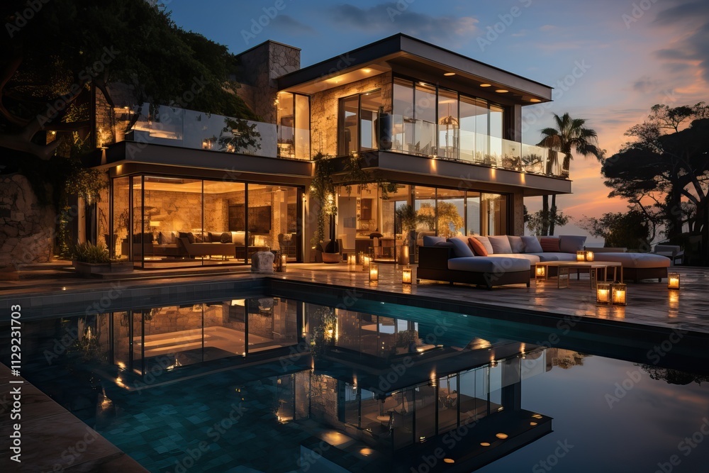 Ultra-modern glass energy-saving house with a wooden roof and concrete base in the evening. Ultra-modern glass energy-saving house with a wooden roof and concrete base in the evening.