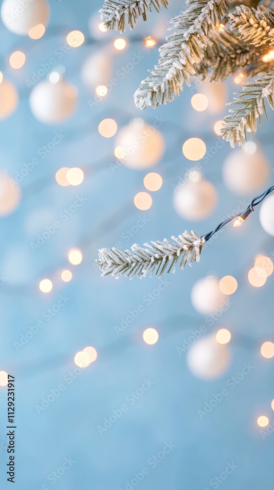 Fototapeta premium Festive Christmas Glow Frosted Pine and Twinkling Holiday Lights for Christmas, New Year, and Winter Solstice